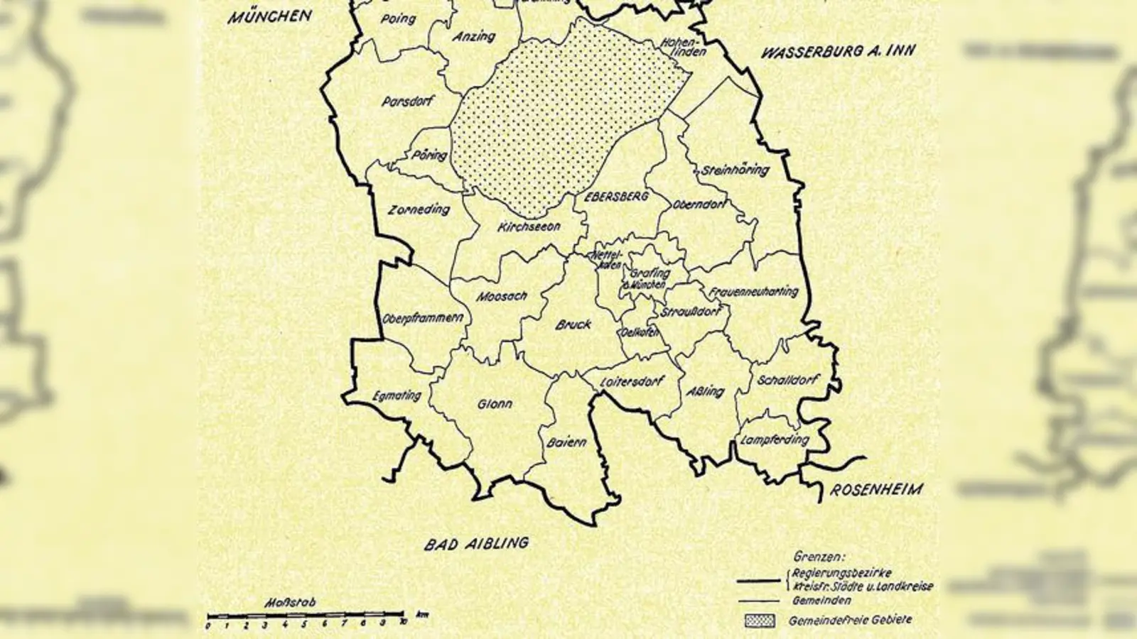 Der Landkreis Ebersberg in einer Karte aus dem Jahre 1970 - vor der Gebietsreform. 	 (Foto: Archiv der Stadt Grafing)