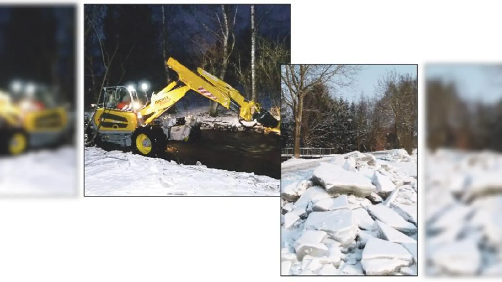 Nach dem Einsatz der schweren Bagger fließt die Goldach wieder in ihren Bahnen (o.). Berge aus dicken Eisplatten lagern an vielen Stellen im Hallbergmooser Gemeindegebiet (r.).	 (Fotos: bb)