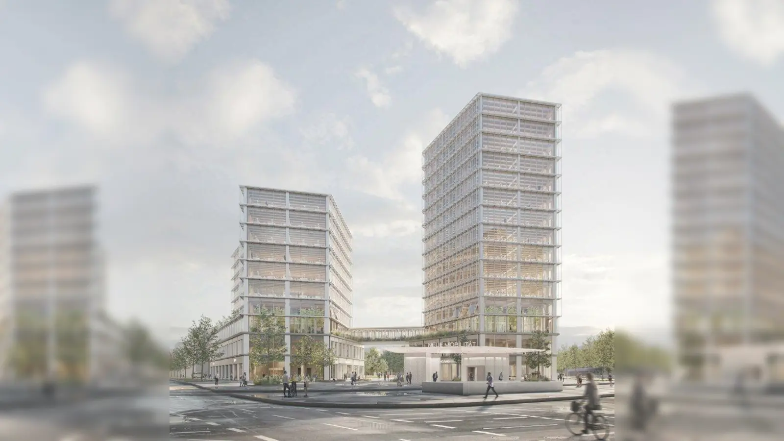 Der Hochhaus-Entwurf, der mit dem 1. Preis ausgezeichnet wurde. (Foto: Riehle + Assoziierte Architekten und Generalplaner mit Levin Monsigny Landschaftsarchitekten / SWM)