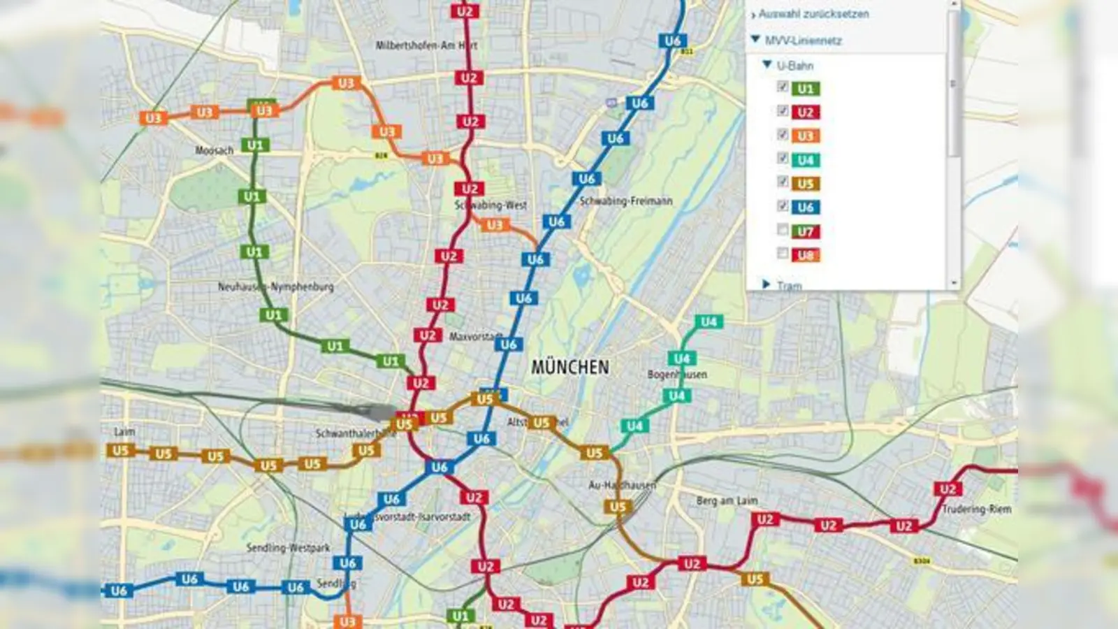 Über die elektronische Fahrplanauskunft kann man sich alle Linienwege von U-Bahn, Bus, Tram in München anzeigen lassen.	 (Bildschirmfoto: MVV)