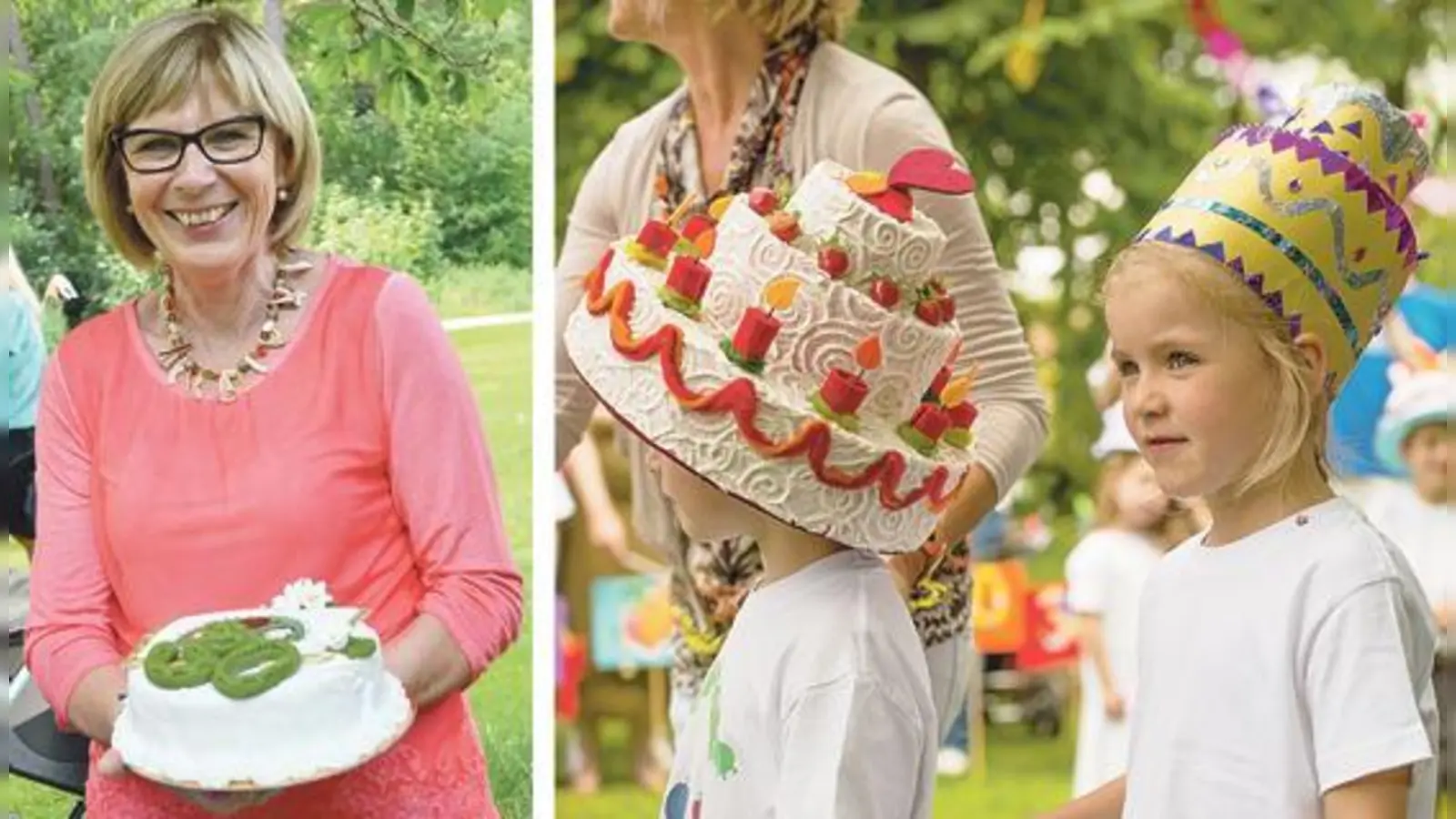 Die Leiterin de Kinderwelt Harlaching, Theresa Bauer, wurde mit einer Torte überrascht. Foto: VA (links) Das Sommerfest stand ganz im Zeichen des 30-jährigen Kindergartenjubiläums.  (Foto: VA (rechts))