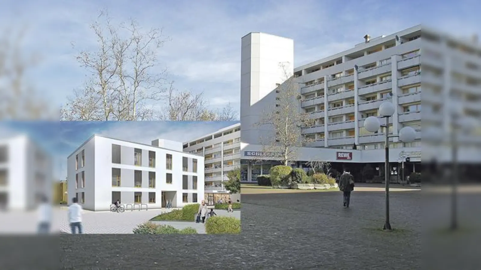 Anstelle des Flachbaus im Sudermannzentrum soll ein Ärztehaus. Das Hochhaus im Hintergrund bleibt stehen. Plan: Bartels Magdeburg GmbH;  (Foto: Boschert)