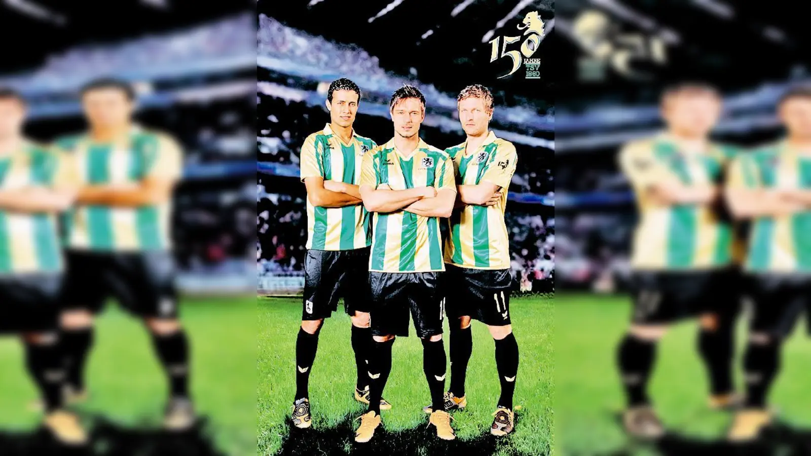 Radhouène Felhi, Alexander Ludwig und Benjamin Lauth im Jubiläumstrikot. (Foto: TSV)