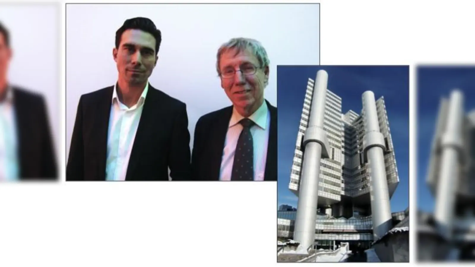 Joachim Grund vom Büro HennArchitekten (links) und HVB-Projektleiter Bert Kühnöhl verantworten die Sanierung des unverwechselbaren Towers an der Ecke Richard-Strauss-/Denninger Straße.	 (Fotos: hgb)