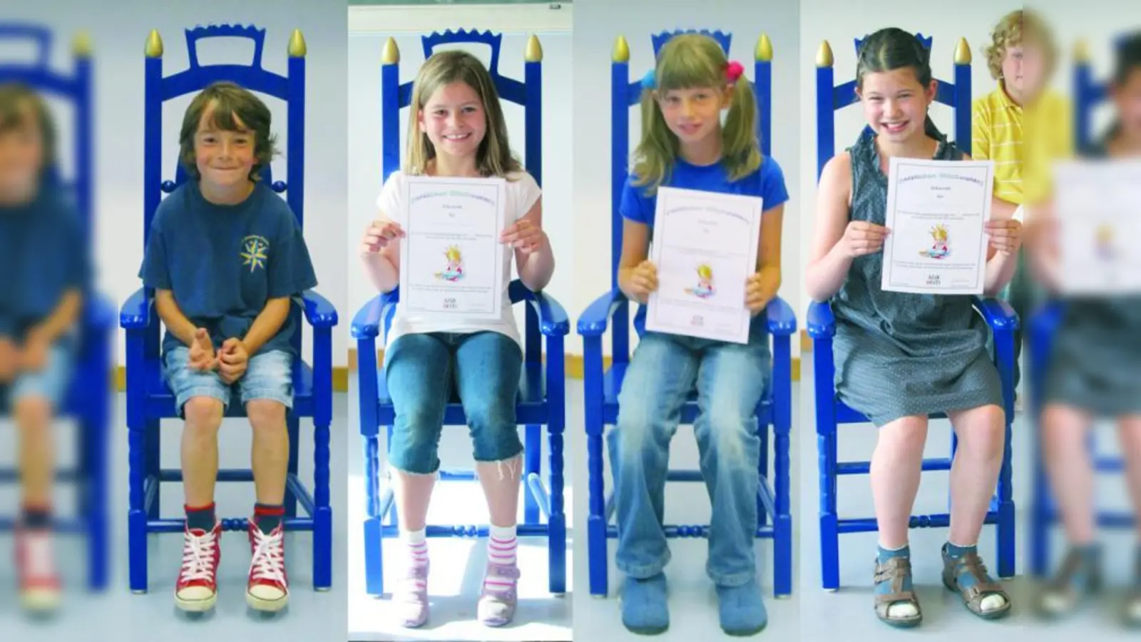 Der Lesekönig und drei Leseköniginnen: Julian Teofilovic (1a), Laura Wimmer  (2b), Ann- Kathrin Treitz  (3a) und<br>Selina Wiesner (4a). (Foto: pi)