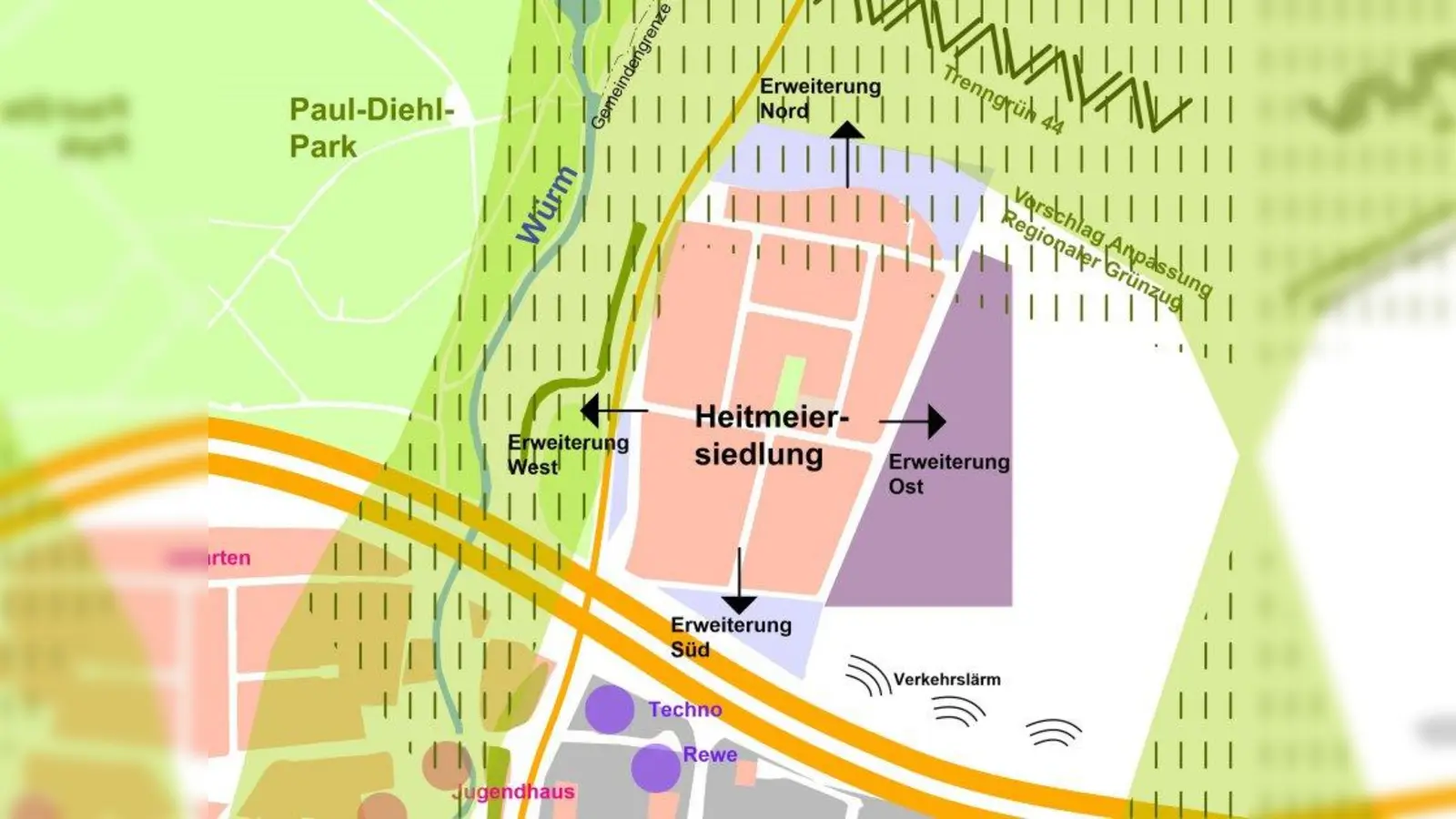 Wohnbebauung für 900 Bewohner in 250 Wohnungen. Östlich der Lochhamer Heitmeiersiedlung wäre Platz für solch eine massive Bebauung. Die Pläne rufen unterschiedliche Reaktionen in der Gemeinde hervor. (Foto: Quelle: PV – Planungsverband Äußerer Wirtschaftsraum München)
