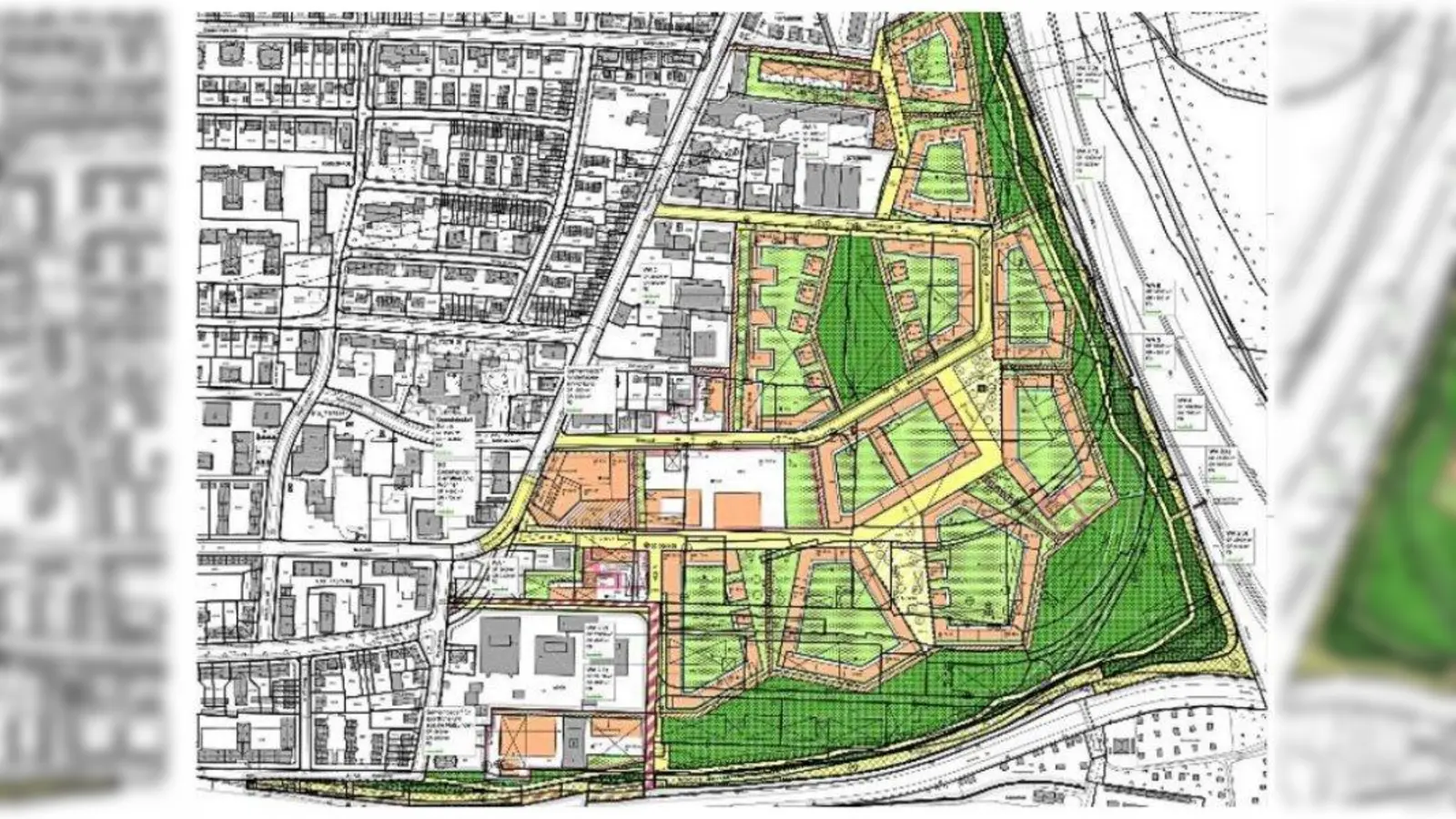 Gut 30 Fußballfelder groß ist das Entwicklungsgebiets „Paul-Gerhardt-Allee“. Der jetzt zum Sieger gekürte Entwurf betrifft die drei Gebäudekomplee, die ganz oben rechts orange eingezeichnet sind. (Foto: LHM)