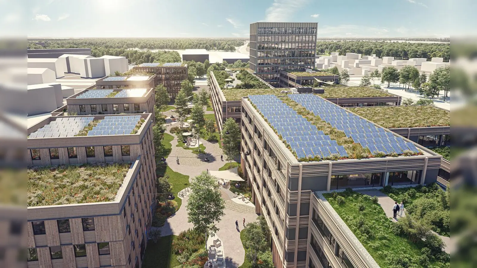 Der geplante Gewerbe-Campus in Holzbauweise verbindet Produktions-, Forschungs- und Büroflächen. (Foto: UBM)