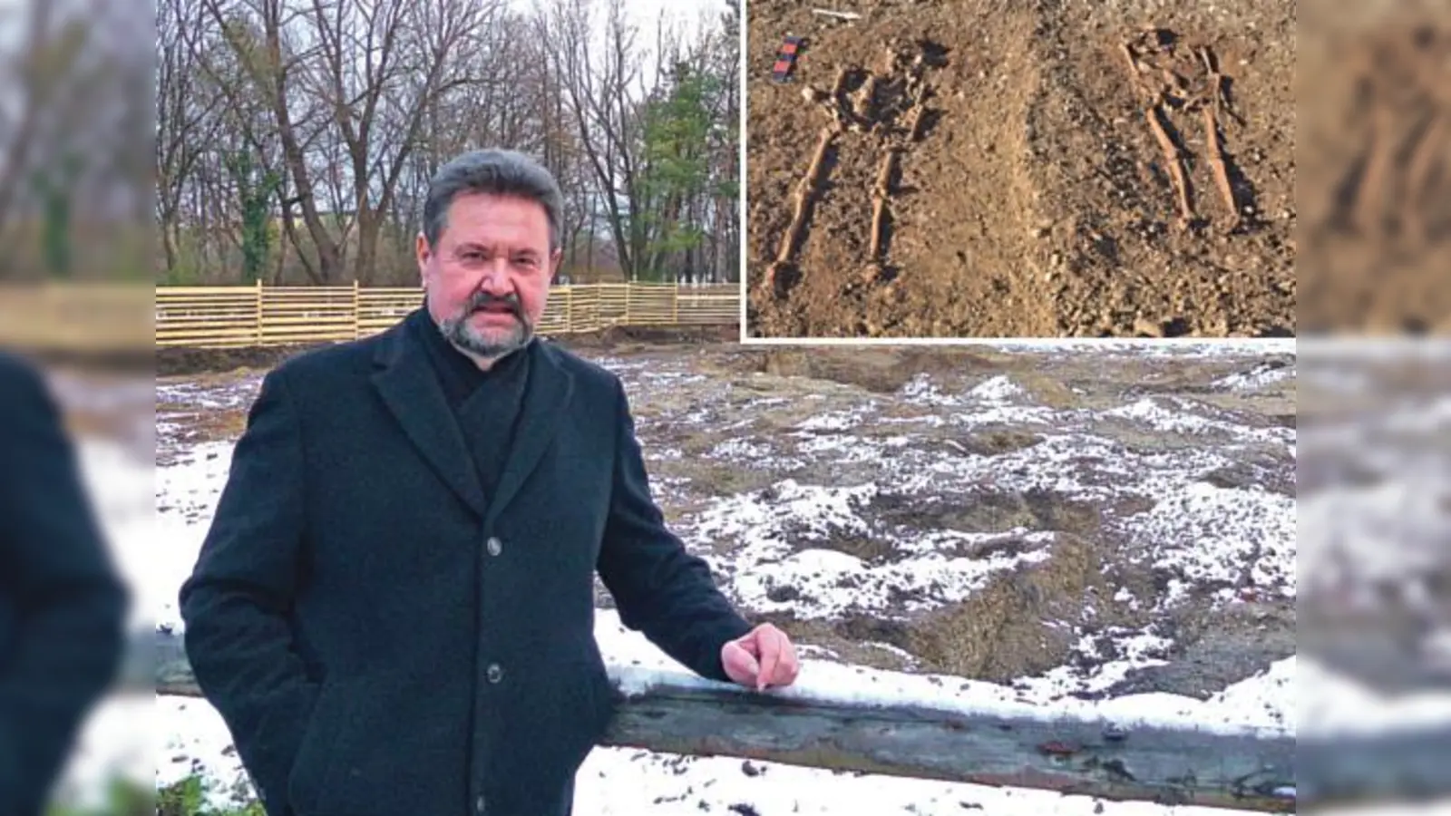 Die in Perlach gefundenen Skelette (kleines Foto) sind bereits freigelegt und abtransportiert. Erwin Bohlig freut sich jetzt bereits auf die Integrierung in den Kulturgeschichtspfad.  (Foto: bus / Bayerisches Landesamt für Denkmalpflege / Digit)