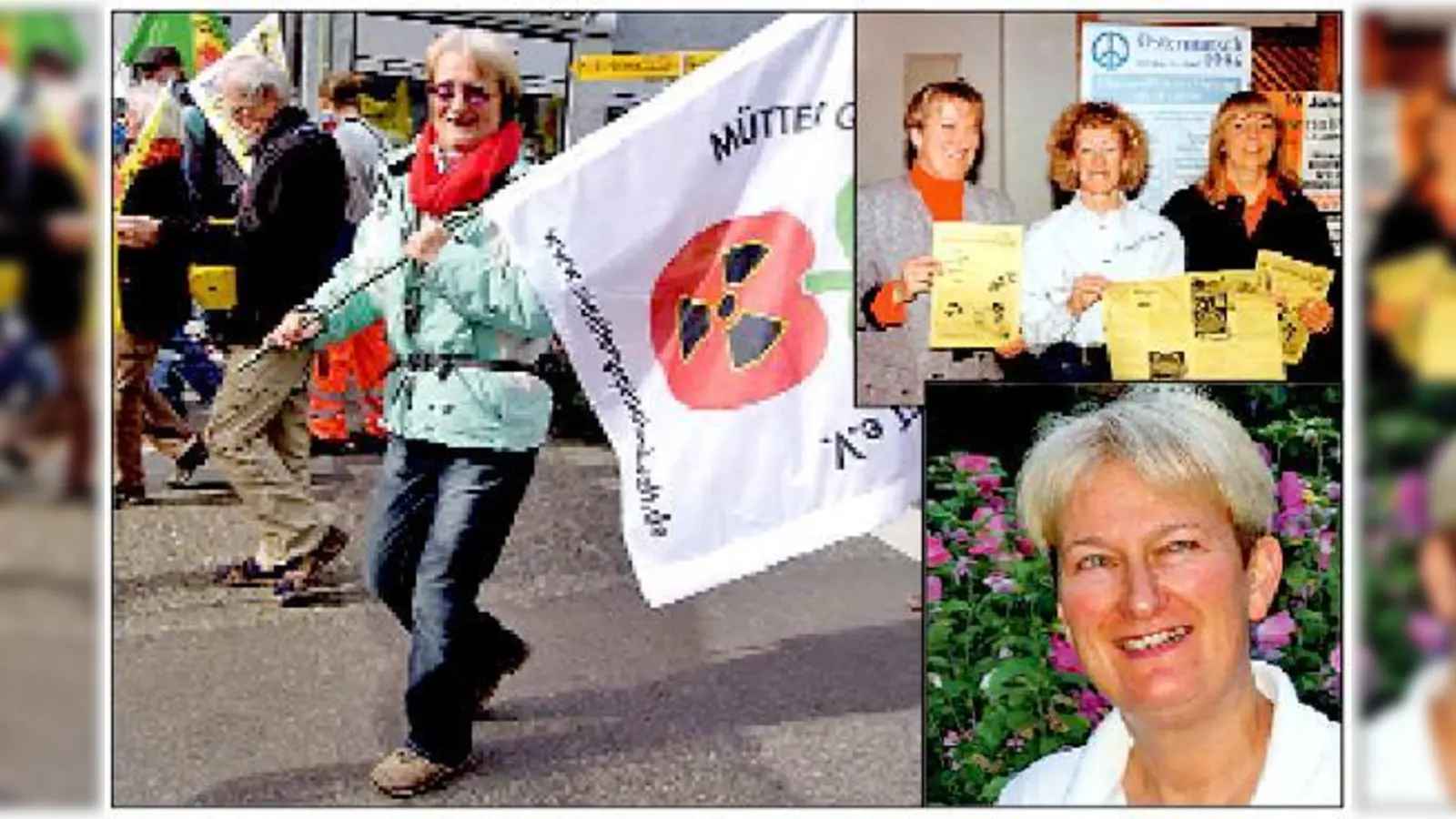 Gina Gillig bei einer Demonstration (gr. Foto). Die Mitbegründerinnen des Vereins 1996 (oben rechts): Gina Gillig, Astrid Leis und Ingrid Wundrak (v. l.) und Gina Gillig im Porträt.  	 (Fotos: Verein)