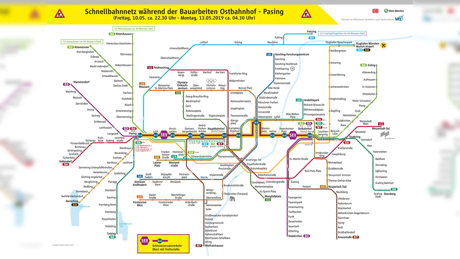 So sieht das S-Bahn-Netz vom 10. Mai spätabends bis 13. Mai frühmorgens aus. (Grafik: © MVV)