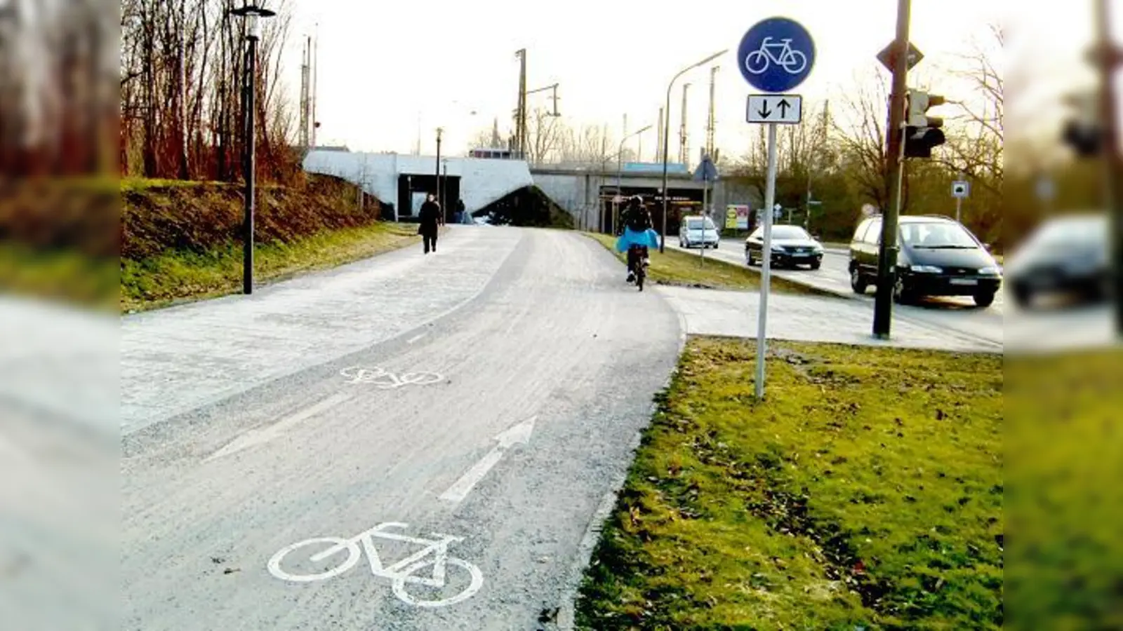 Schilder und Zeichen auf dem Boden markieren kurz vor der Einfahrt in den Tunnel den Radweg in beide Richtungen.	 (Foto: ikb)
