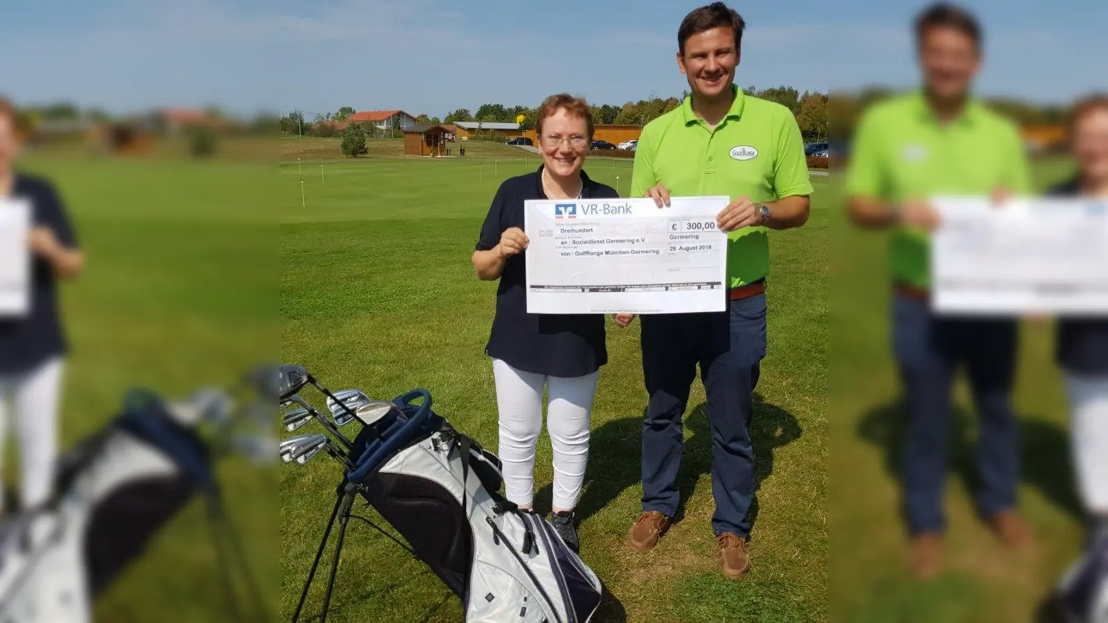 Andreas Aumann, Anlagenleiter der GolfRange Germering, übergibt den Spendenscheck an Sozialdienst-Geschäftsleiterin Sabine Brügel-Fritzen. (Foto: Sozialdienst Germering)