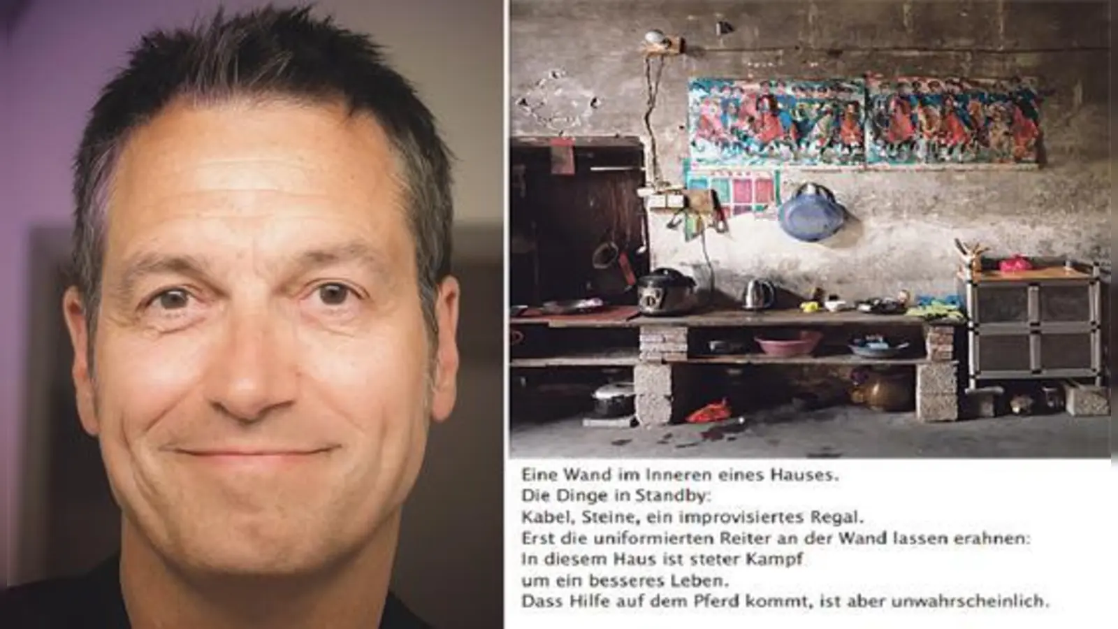 Dieter Nuhr selbst hat seine Serie für die Ausstellung in der Galerie Kampl mit kurzen Texten (l.) annotiert und liefert damit die poetische Weiterführung seiner Beobachtungen des menschlichen Lebens im Anderswo.  (Foto: Jutta Hasshoff-Nuhr/VA)