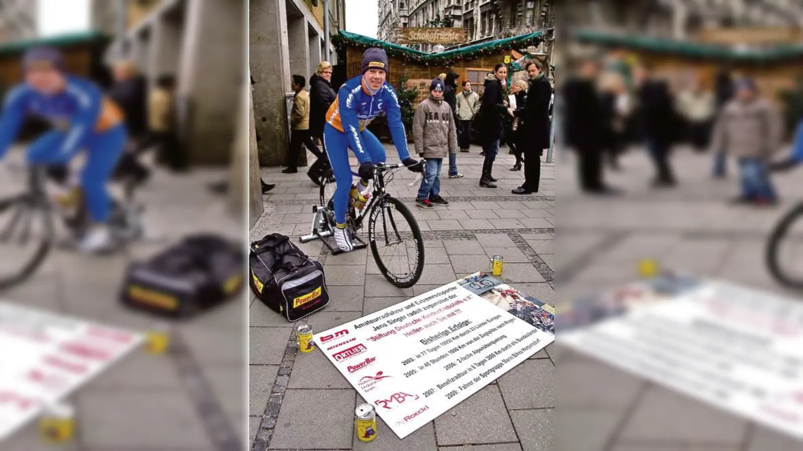 Spenden erwünscht: Extremradfahrer Jens Singer sammelt auf dem Marienplatz für einen guten Zweck.  	 (Foto: privat)