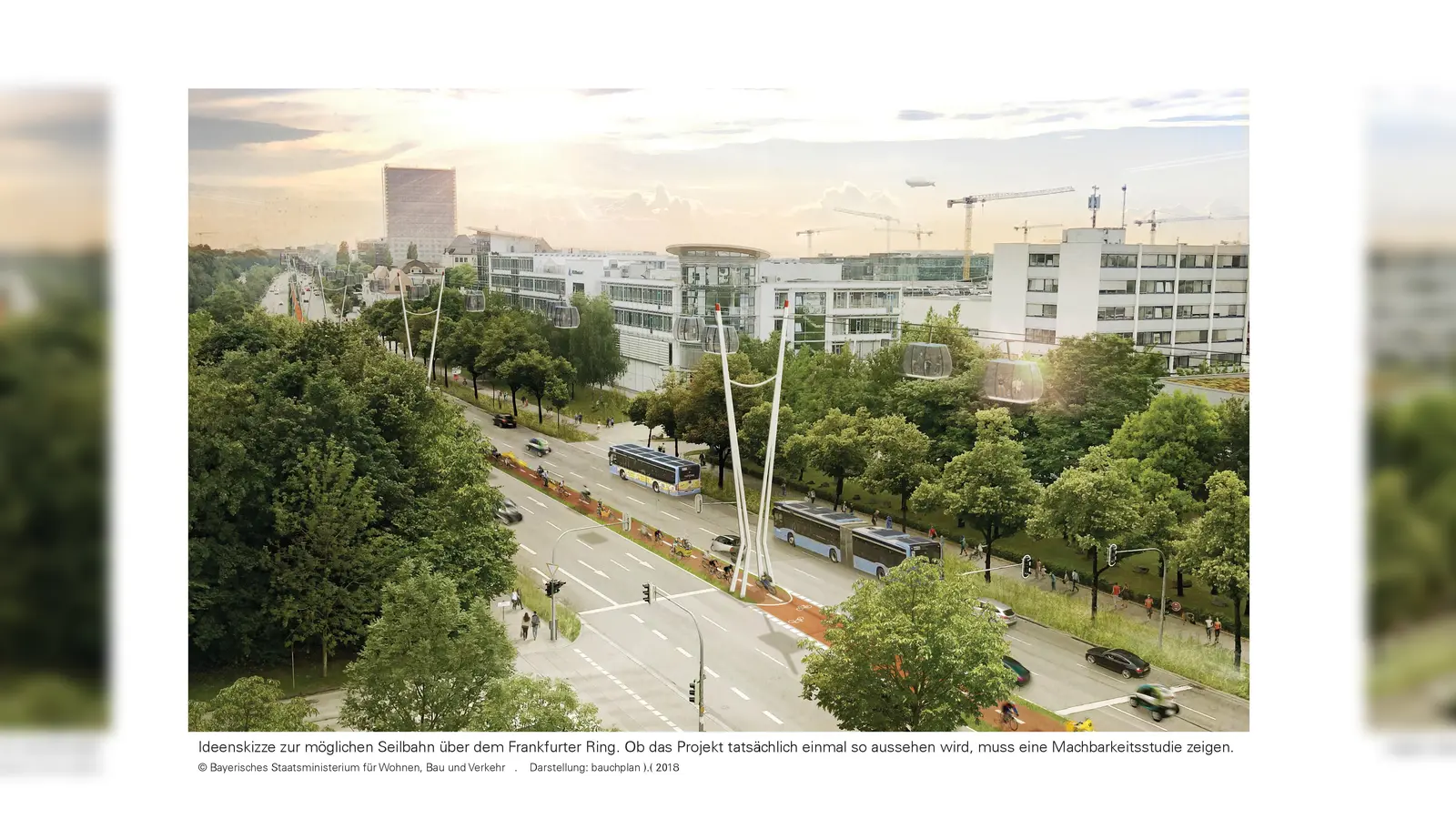 Seilbahnen können das Image einer Stadt prägen und müssen sich gut in die Umgebung einfügen - darauf haben sich alle verständigt. (Foto: © Bayerisches Staatsministerium für Wohnen, Bau und Verkehr. Darstellung: bauchplan)