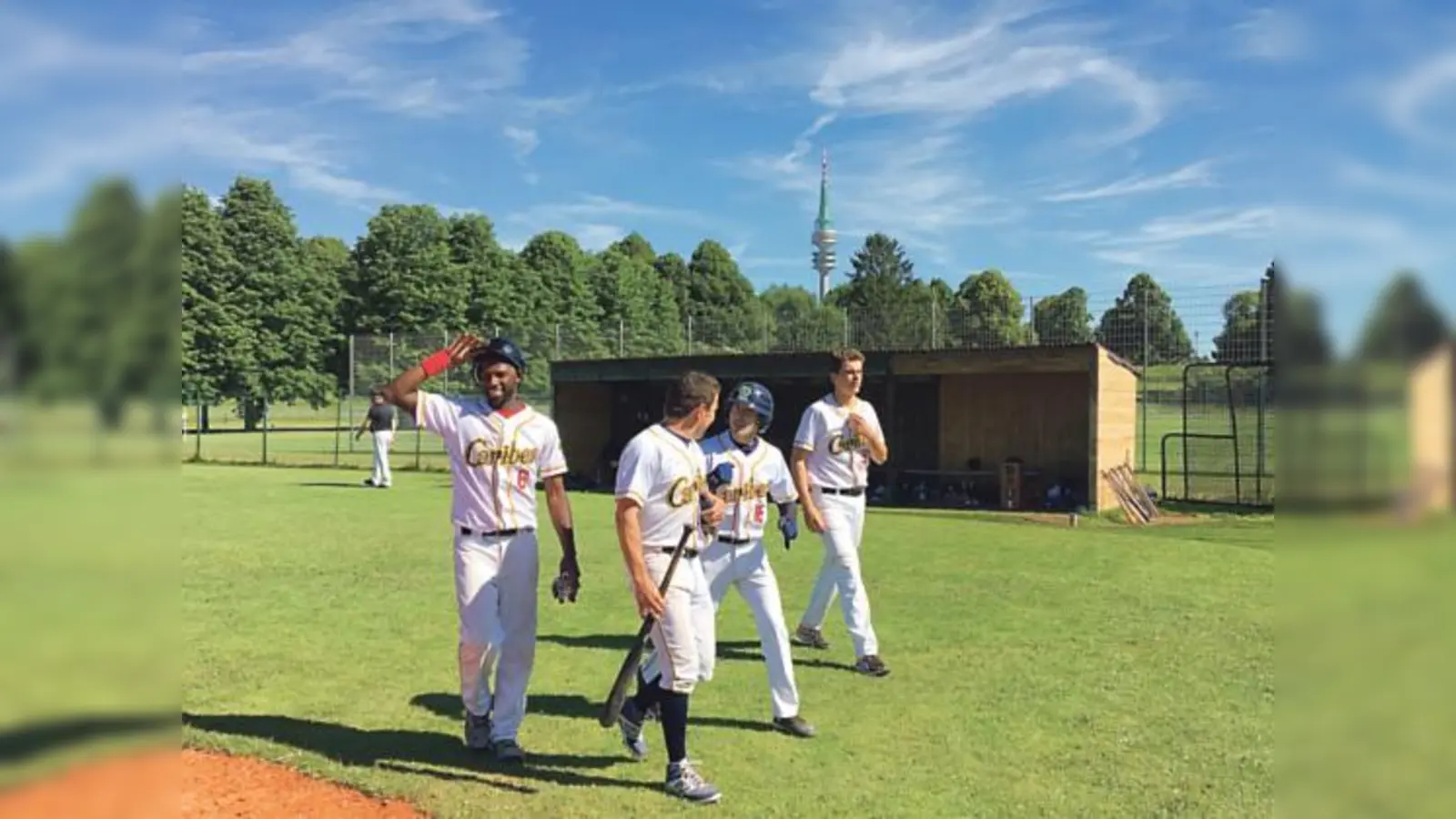 Nummer 16 Damion Sanchez (2. v. r.) nach seinem Winning Hit im vierzehnten Inning.	 (Foto: Caribes)