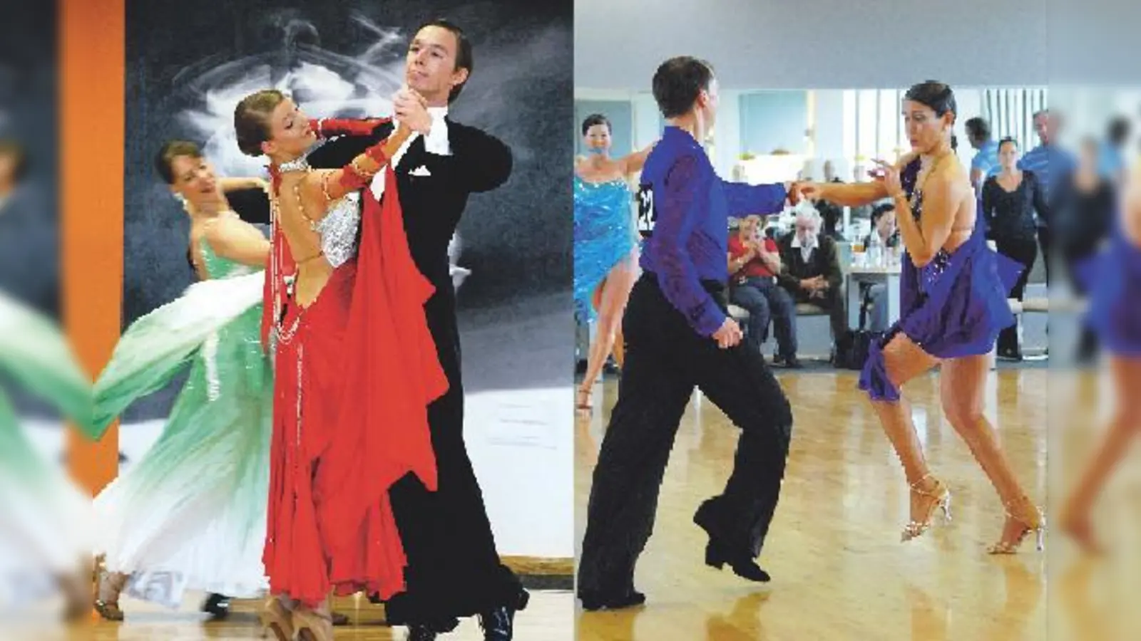 Eine Augenweide in Eleganz und Temperament: Solveig Ewerth und Sebastian Scherg, Sieger der Hauptgruppe B Standard (li.) und Christian Augsburger und Narges Burg-Augsburger, Zweite in der Hauptgruppe II B Latein (re.).	 (Foto: VA)