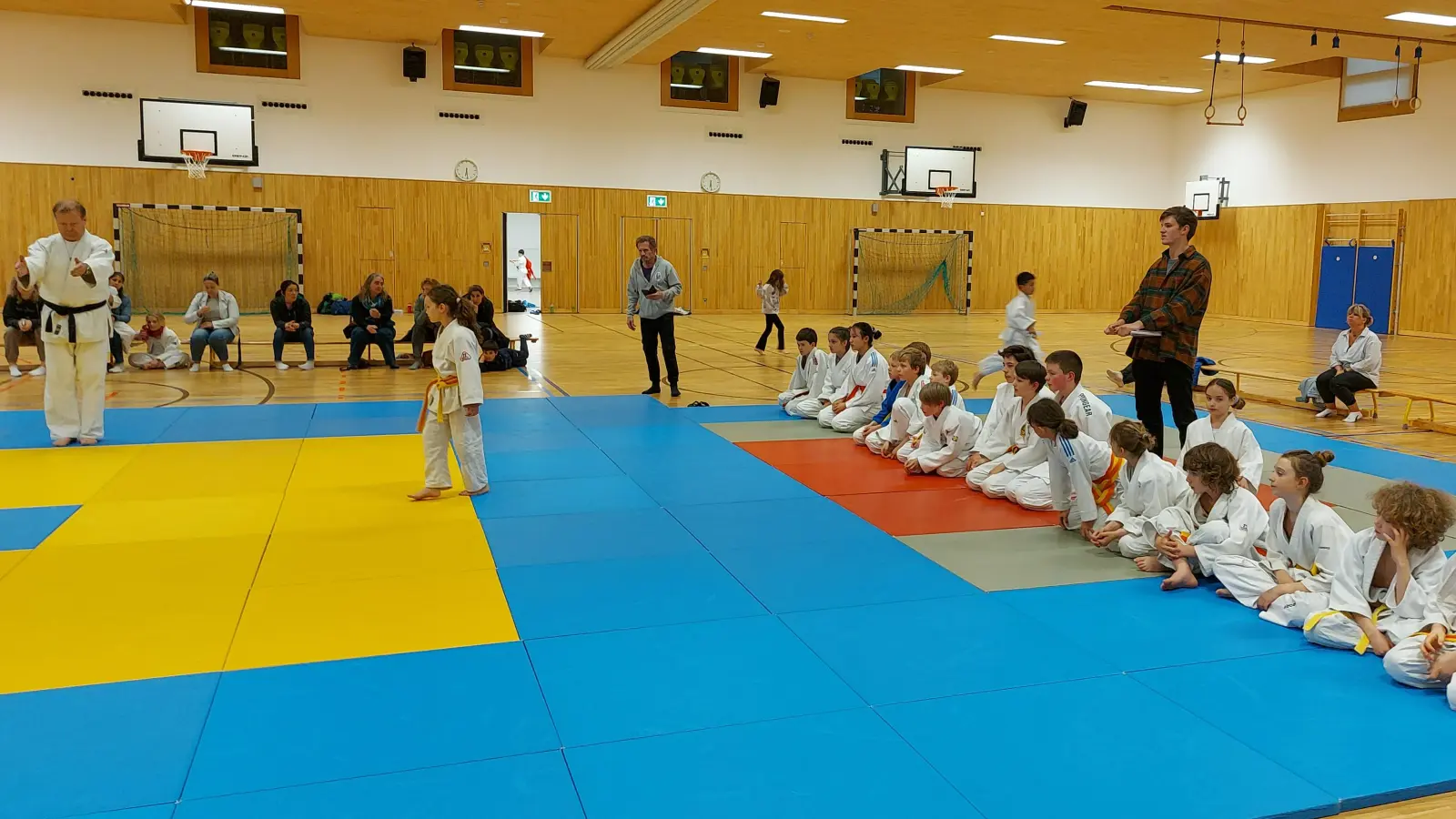 Anne Kreuzer (stehend) auf dem Weg zum Kampf. Sitzend auf den Matten das Team der Judowölfe von SC Armin und TSV Unterhaching. (Foto: Verein)