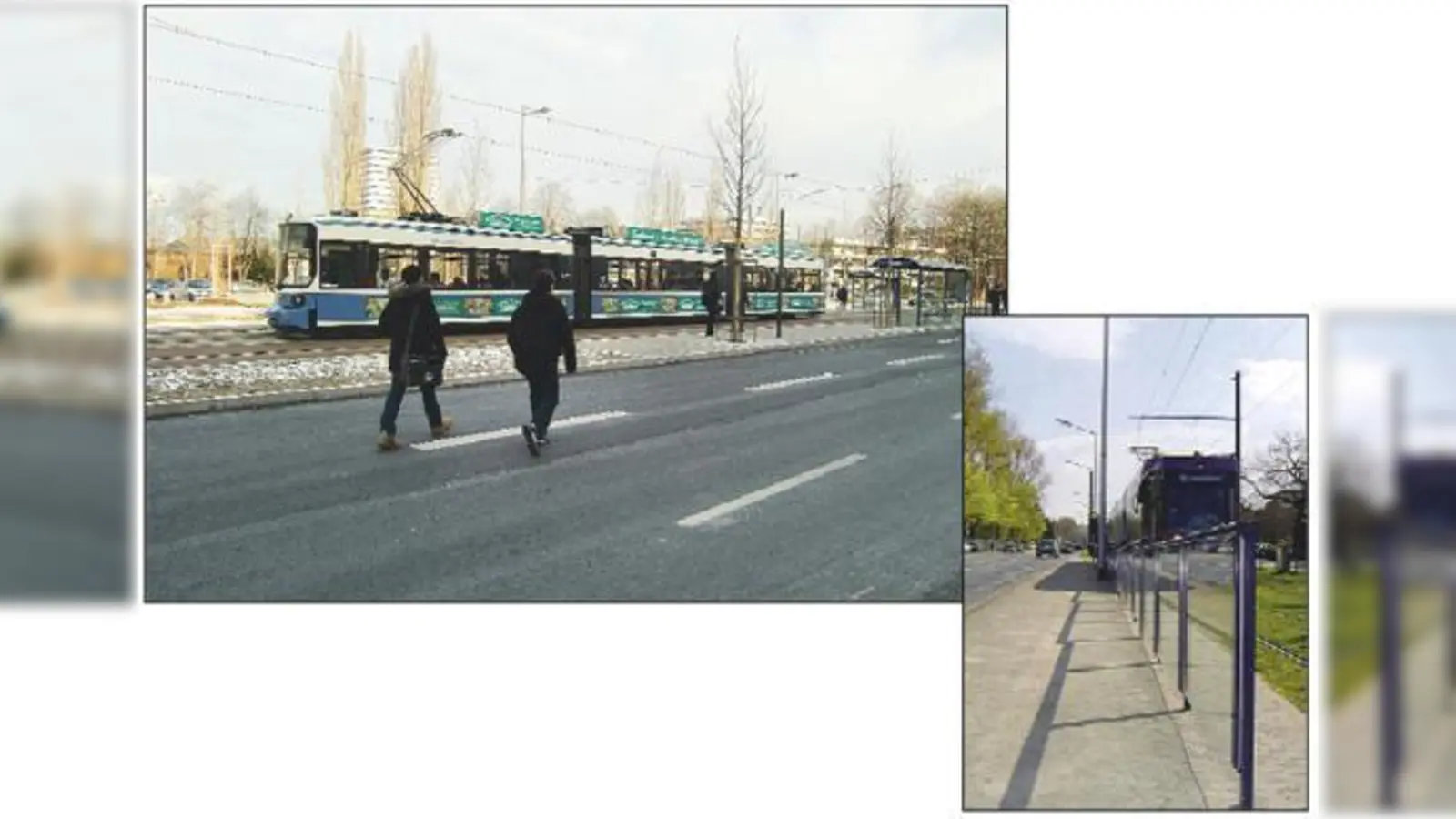 Einfach quer rüber über die Englschalkinger Straße, ohne auf den Verkehr zu achten: Die Tramfahrgäste, vor allem Schüler, müssen offensichtlich vor sich selbst geschützt werden. Jetzt denkt man an Spritzschutzwände (rechts).  (Foto: ikb, Orion Bausysteme)