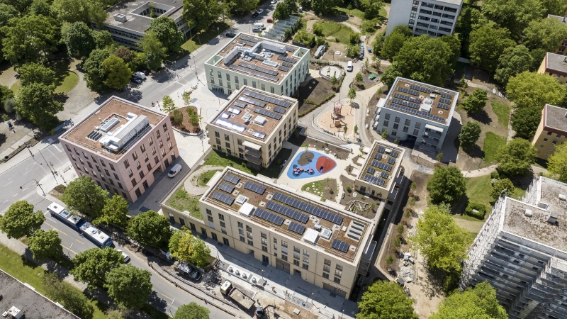 Das neue Quartier aus der Vogelperspektive. Das Projekt ist auf insgesamt sechs Gebäude verteilt. (Foto: Thilo Härdtlein)