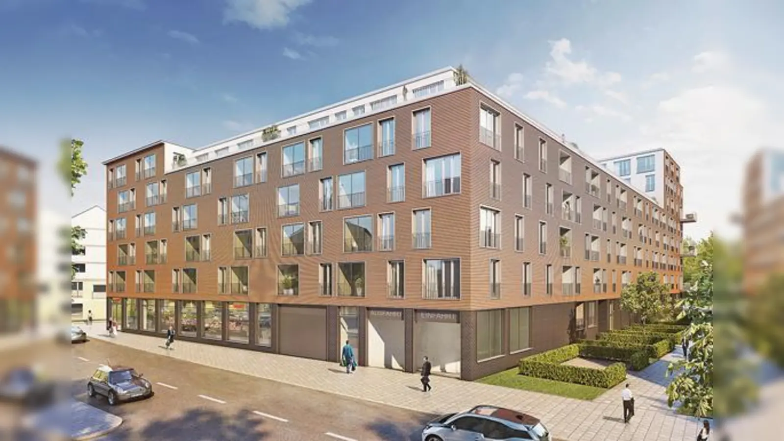 Das zur Falkenstraße hin ausgerichtete Gebäudeensemble soll sandfarben gestrichen werden.  	      (Foto: Formstadt Architekten/Bayerische Hausbau)