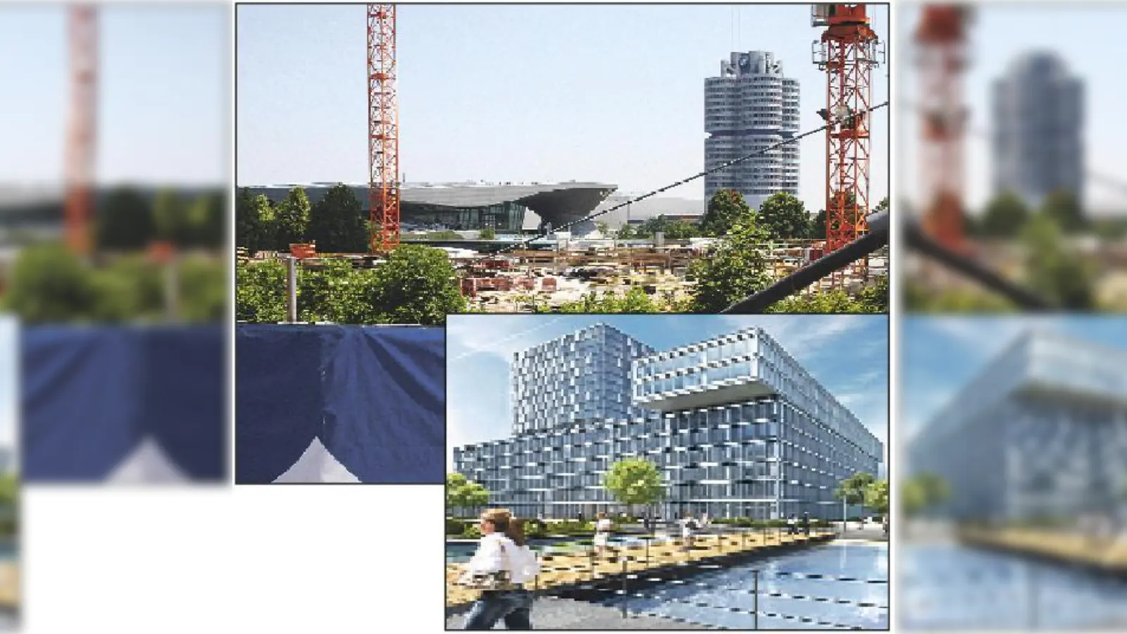 Die Rohbauarbeiten für die Kleine Olympiahalle haben begonnen (o.). Nördlich davon wird ein Hotel entstehen (r.), wie auf der Illustration zu sehen ist. (Foto: ws)