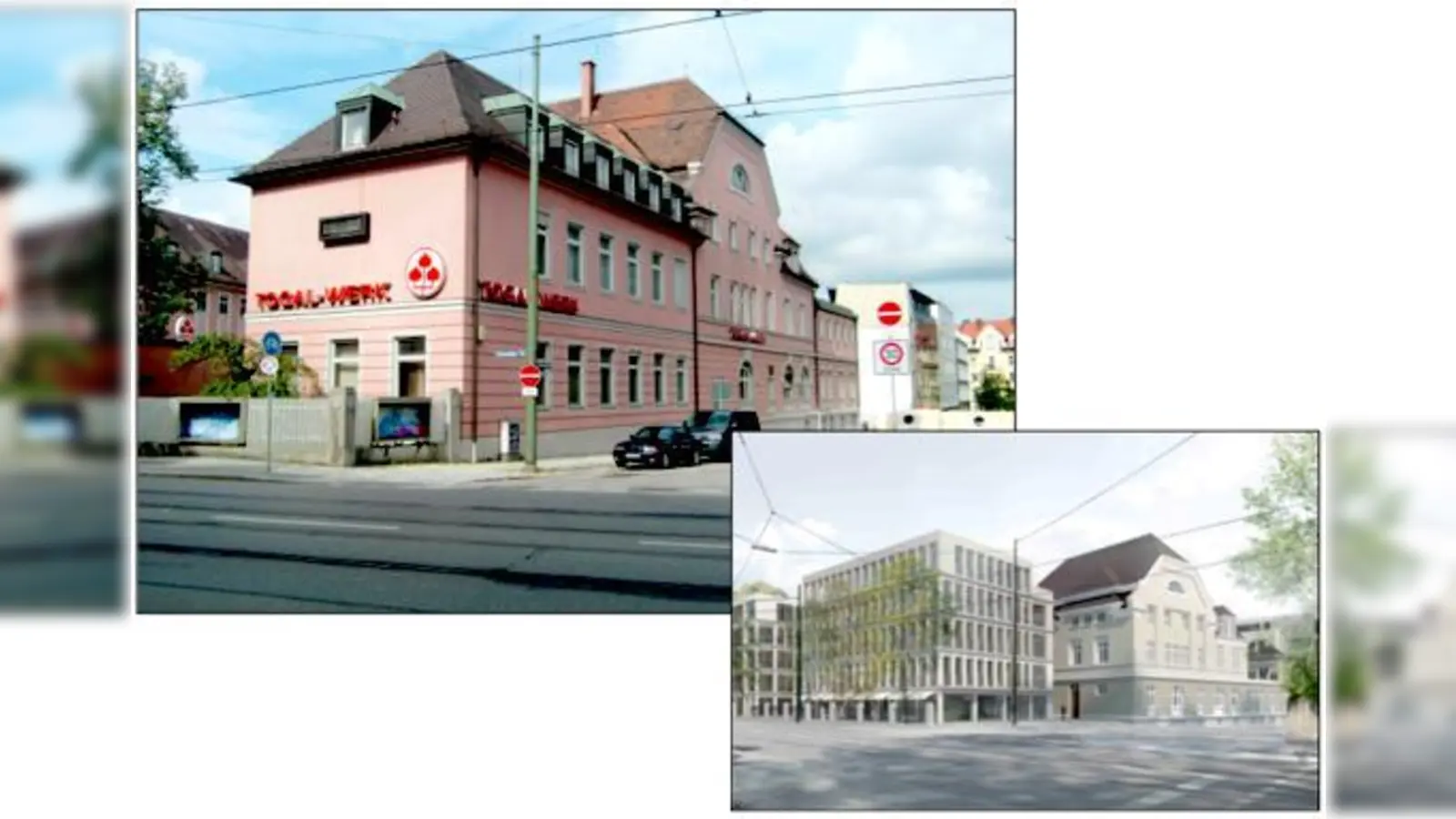 Der denkmalgeschützte Mittelteil des Togal-Werk-Gebäudes bleibt erhalten (oben). Aus der Sicht der Ismaninger- in die Törringstraße wird das neue Ensemble wie auf der Illustration rechts aussehen.  Foto: hgb,  (Foto: Architekturbüro Laux Architekten)