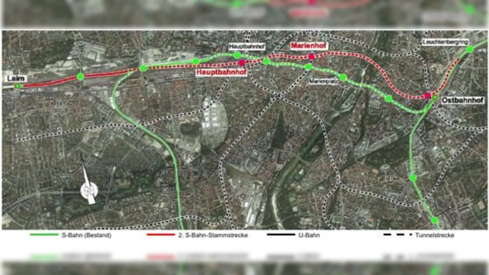 So sieht die Planung für die zweite S-Bahn-Stammstrecke (rote Linie) des Wirtschaftsministeriums aus, um die bestehende Stammstrecke zu entlasten (grüne Linie): über die Keller- und Metzstraße bis zum Ostbahnhof führt die neue Trasse.  (F.: Stmwivt)