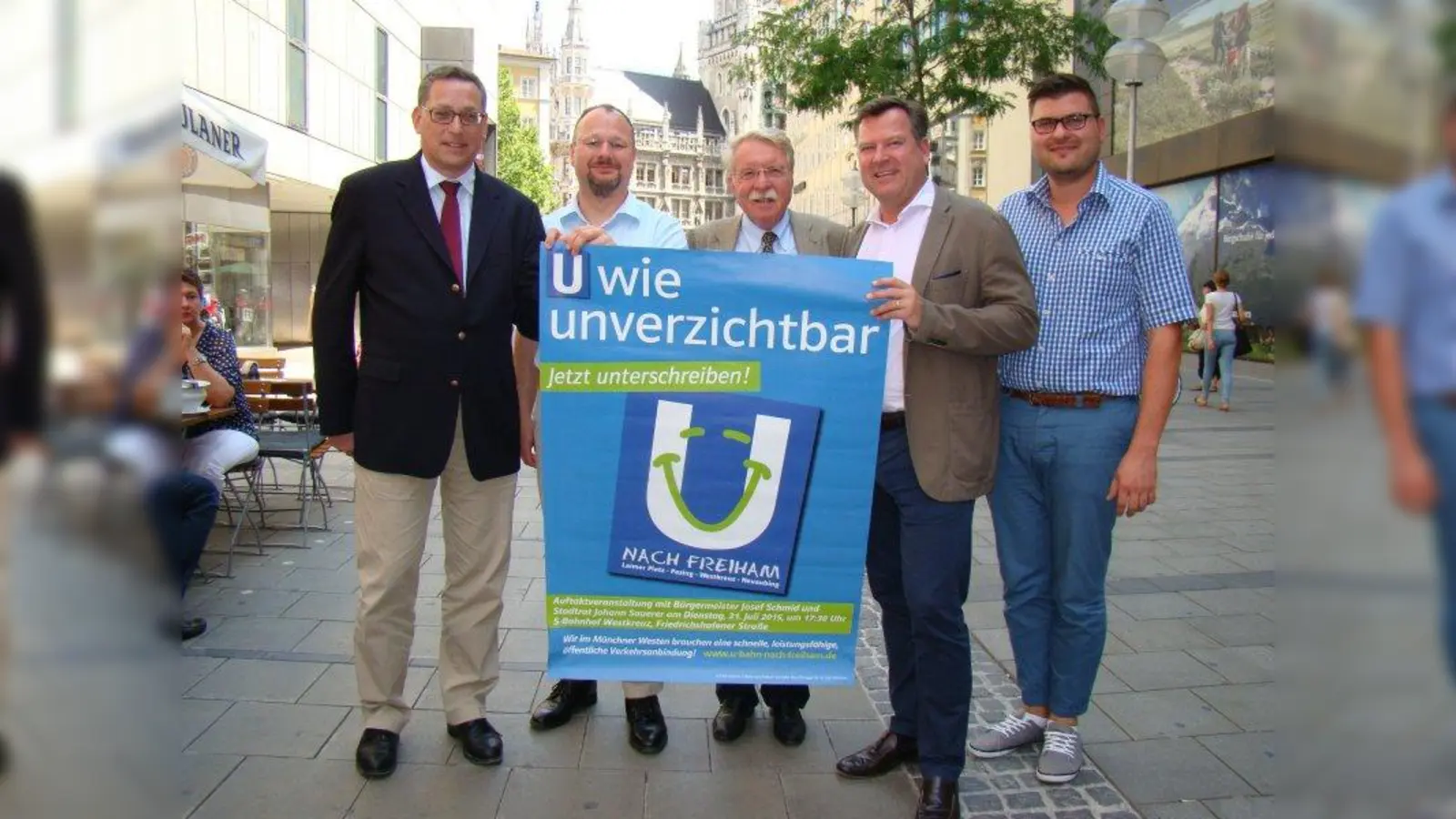 Sammelten Unterschriften, um die U-Bahn durchzusetzen, v. l.: Hans-Peter Hoh, Johann Sauerer, Otmar Bernhard, Josef Schmid und Sebastian Kriesel. (Foto: pst)