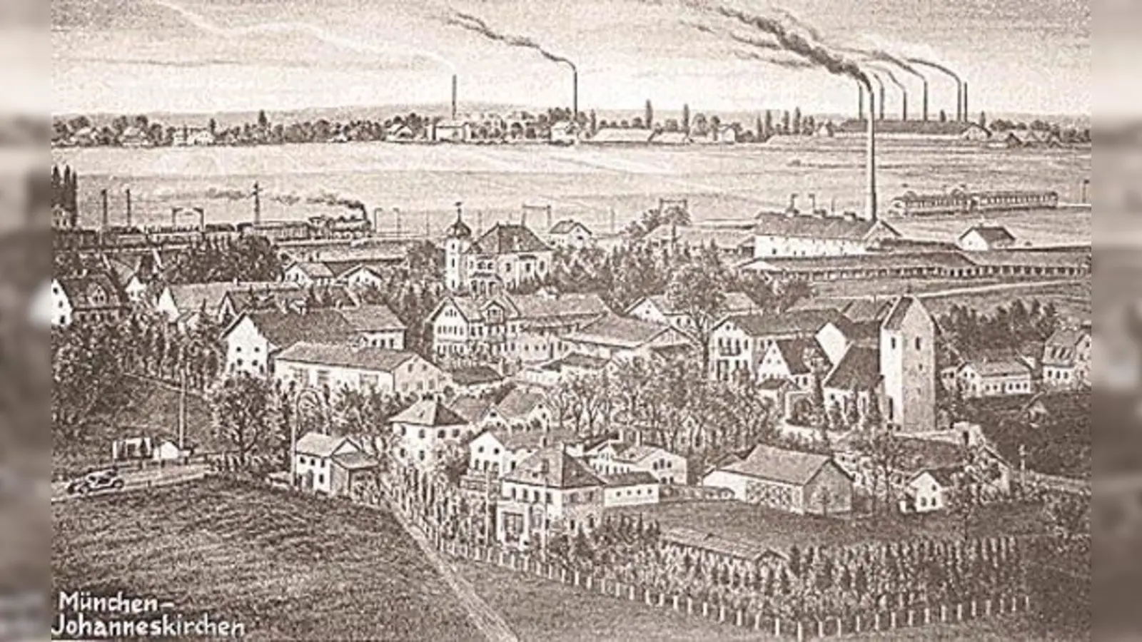 Johanneskirchen auf einer alten Postkarte. Gut zu erkennen: die rauchenden Kamine im Hintergrund.	 (Foto: NordOstKultur)