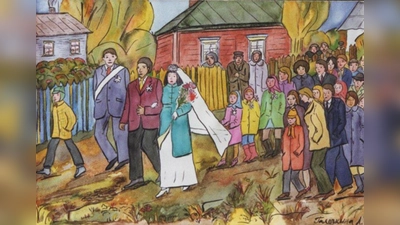 „Hochzeit in einem ukrainischen Dorf“, Wasserfarben, Tusche, 1996. (Foto: Lydia Galochkina)