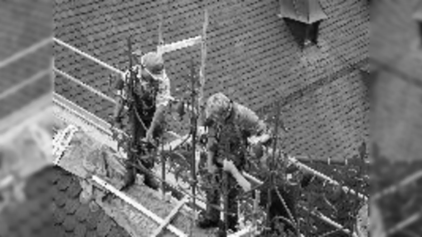 Kunstschmied Josef Forstmeier und seine Kollegen bringen nach und nach die schmiedeeisernen Dachreiter auf dem Rathausdach an. 	 (Fotos: ms)