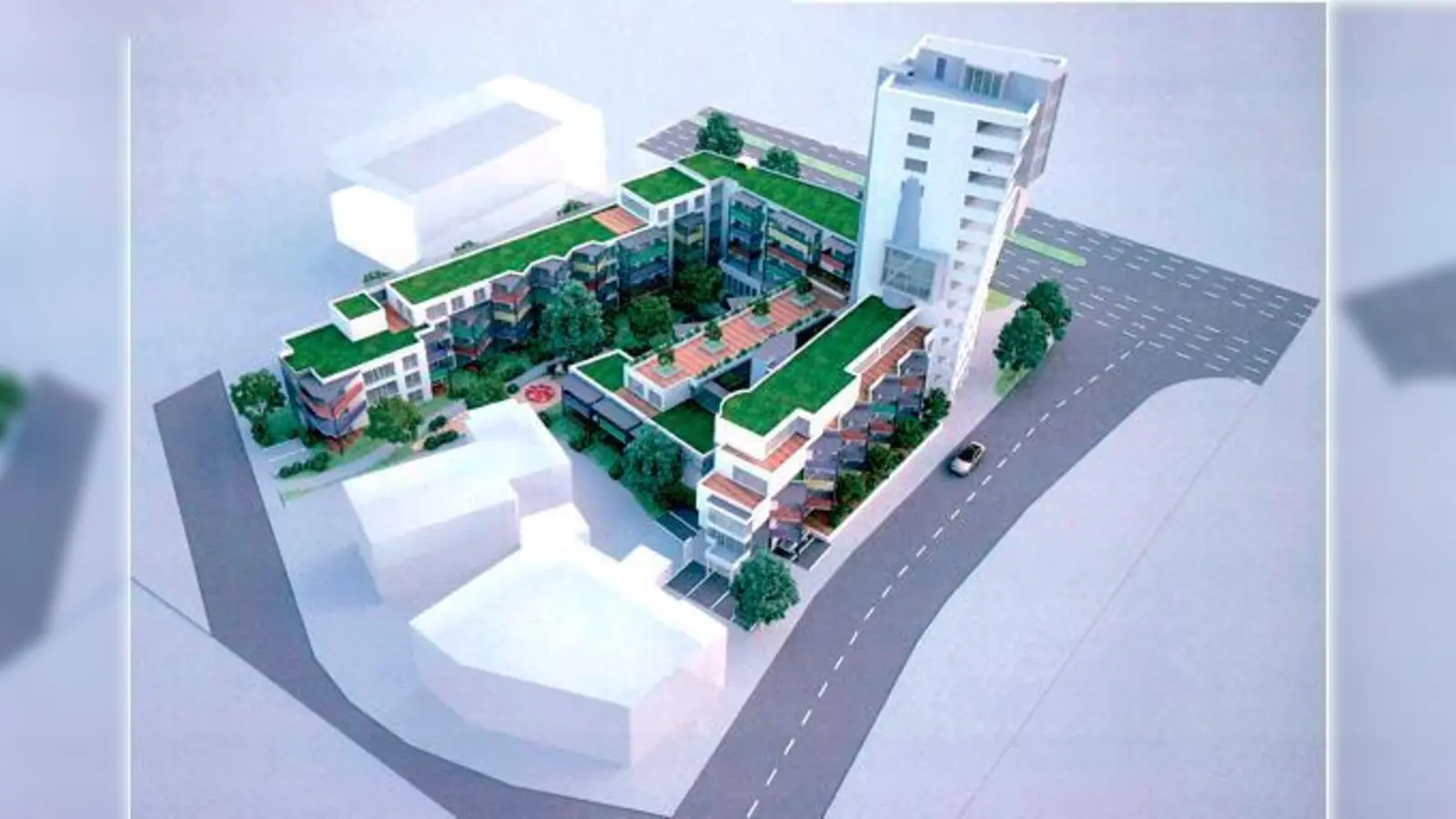 An der Ecke Münchener Straße / Jagdfeldring (rechts) wird ein Hochhaus mit Randgebäuden entstehen. 	 (Foto: Architekten Kock/Daberkow)