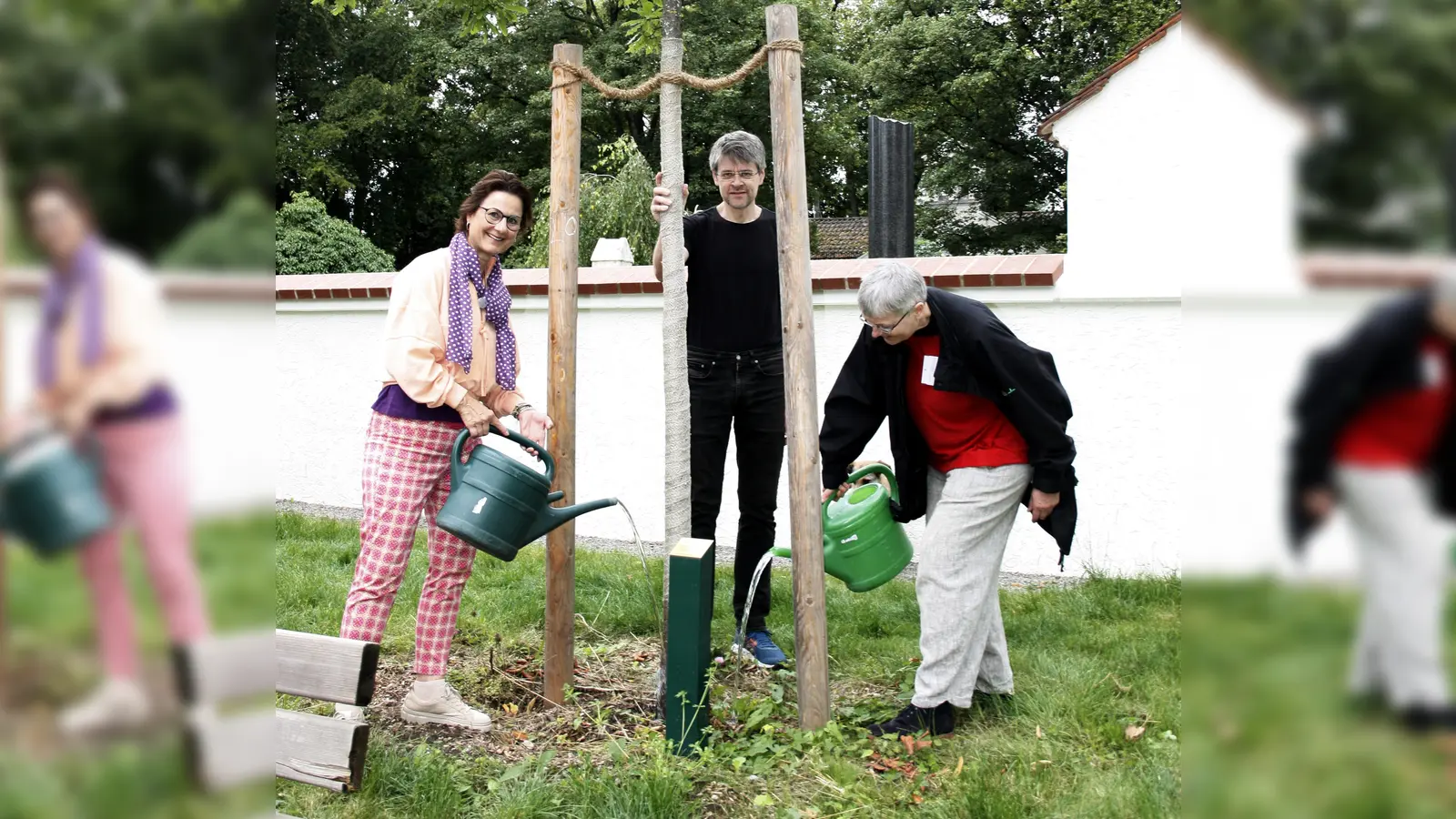 Vor der wieder hergerichteten Mauer des Sollner Friedhofs gießen Petra Martin, Christian Vogt und Inga Meincke (von links) die neuen Sollner Stadtbäume. (Foto: job)