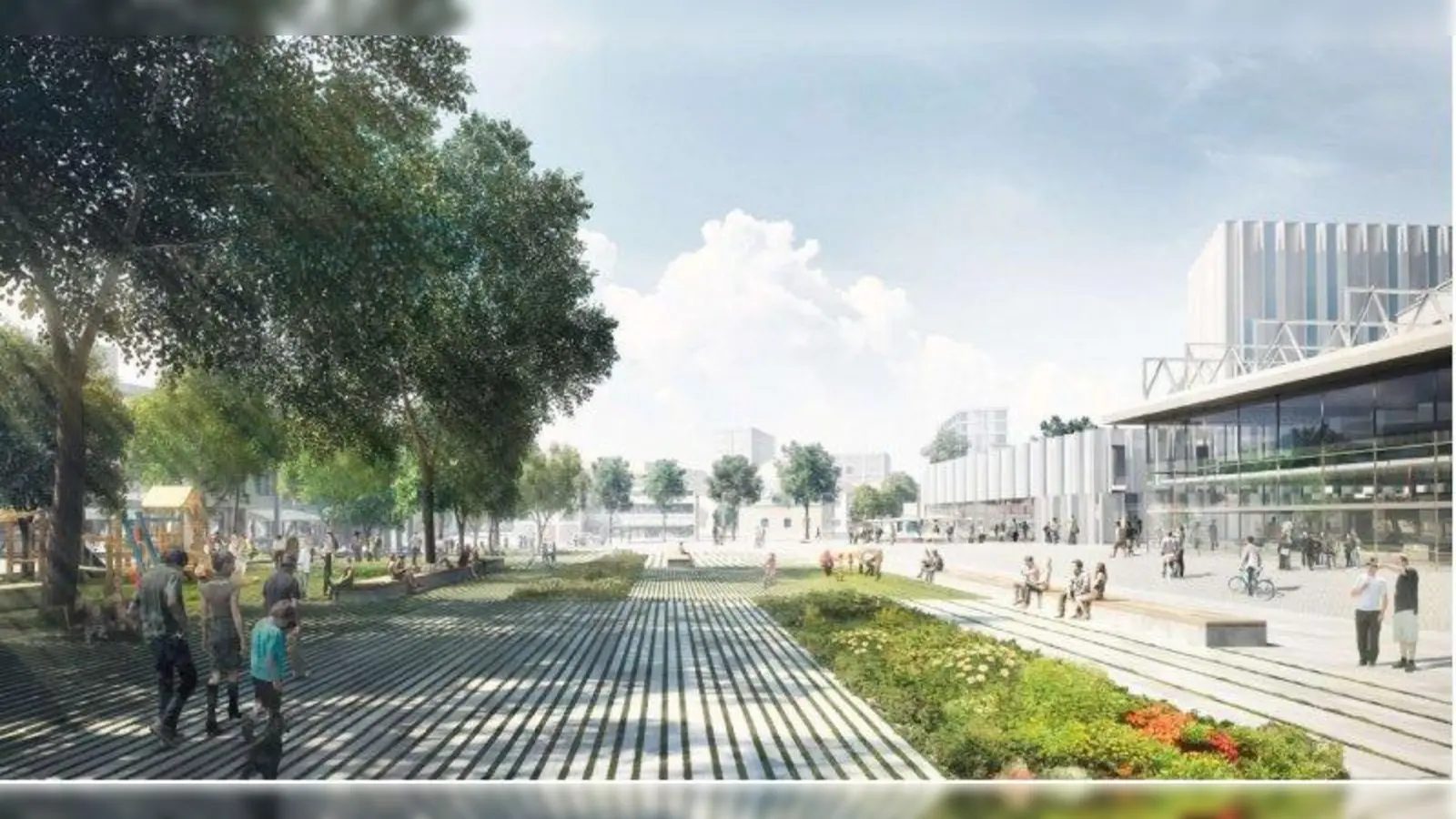 Ein weitläufiger Platz soll an der Stadthalle Germering entstehen. (Foto: Architekturbüro Leinhäupl + Neuber Architekten mit bakpak architects)