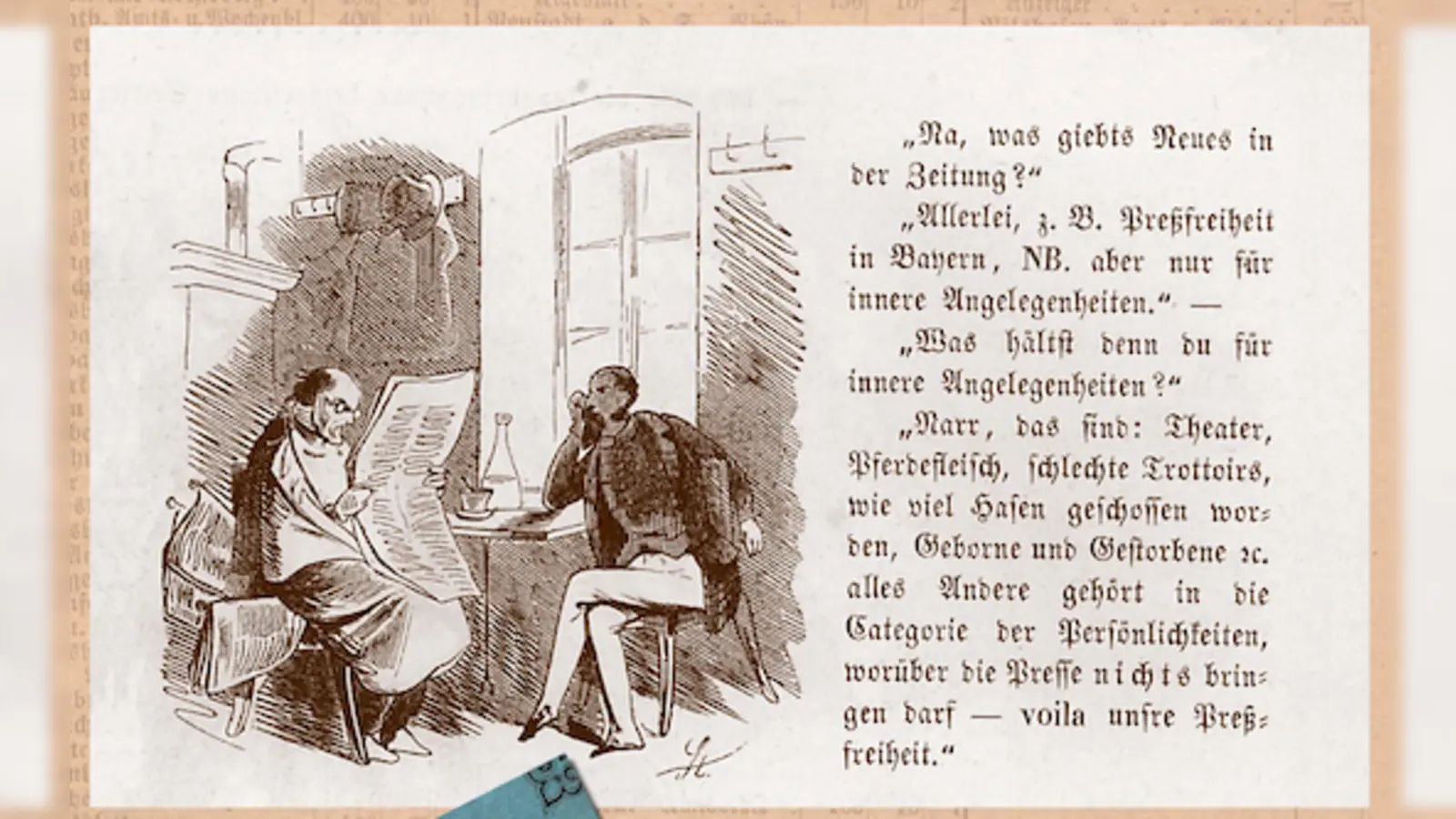 Die Karikatur zur „Preßfreiheit“ auf dem Plakat wurde 1847 in den „Fliegenden Blättern“ veröffentlicht; Zeichner: Carl Stauber. (Foto: Bayerisches Hauptstaatsarchiv)