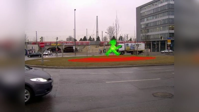 Ein grüner Ampelmann aus Acrylglas soll die „Vorhölle am S-Bahnhof Laim”, wie ein Passant die Kreuzung nennt, in einen menschenfreundlichen Platz verwandeln (Foto: Simulation: S-J-R)