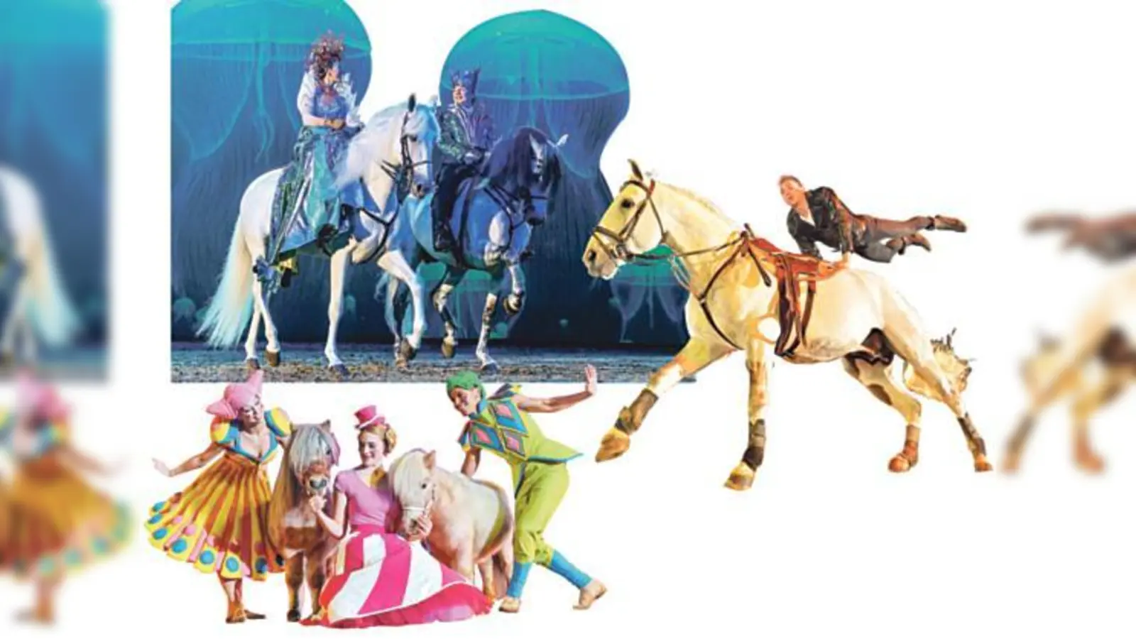 Traumhafte, artistische und witzige Szenen wechseln sich bei der neuen APASSIONATA-Show ab: Pas de Deux (oben), Trickreiten (rechts) und Candyland-Szene mit den »Flying Shettys«.  (Fotos: VA)