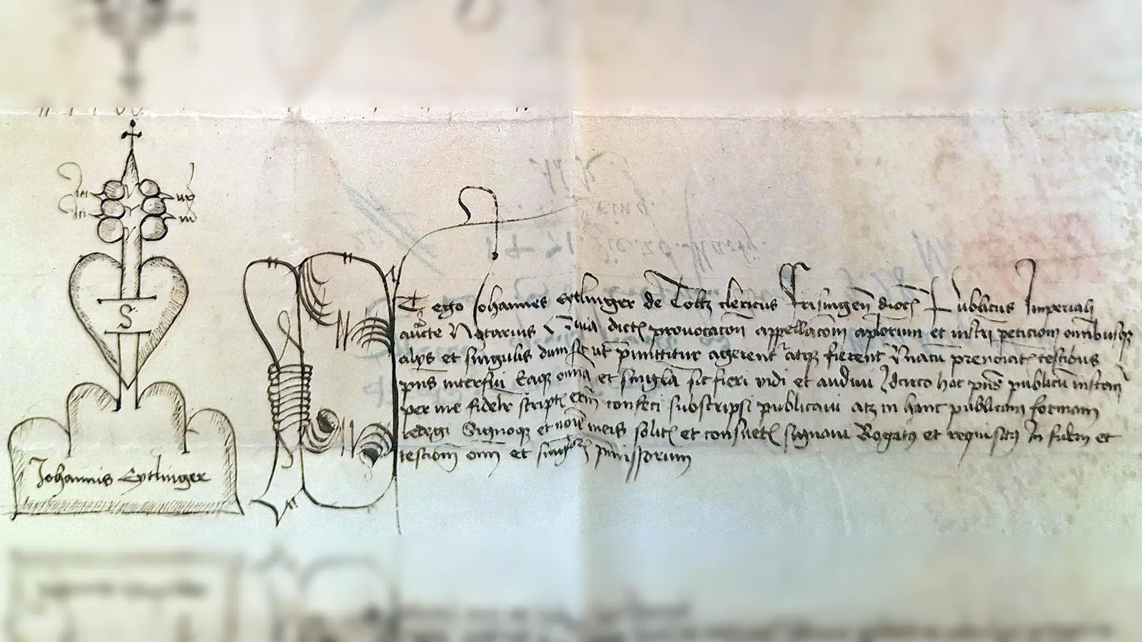 Notariatssignet auf einer Urkunde, mit der sich der Öxinger Pfarrvikar Oswald Schwalb<br>bei der Römischen Kurie über den Entzug seiner Pfarrstelle durch den Ebersberger<br>Abt Eckhard beklagte.  (Foto: Bayerisches Hauptstaatsarchiv)