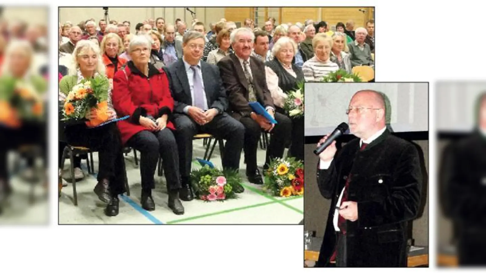 Bürgermeister Heinz Hilger (re.) dankte bei der Bürgerversammlung engagierten Kirchheimern für ihren Einsatz (o. v. l.): Marie Luise Seibert-Achilles, Peter Möws (mit Frau), Heribert und Marga Grabler sowie Hilde Krieger.	 (Fotos: cs)