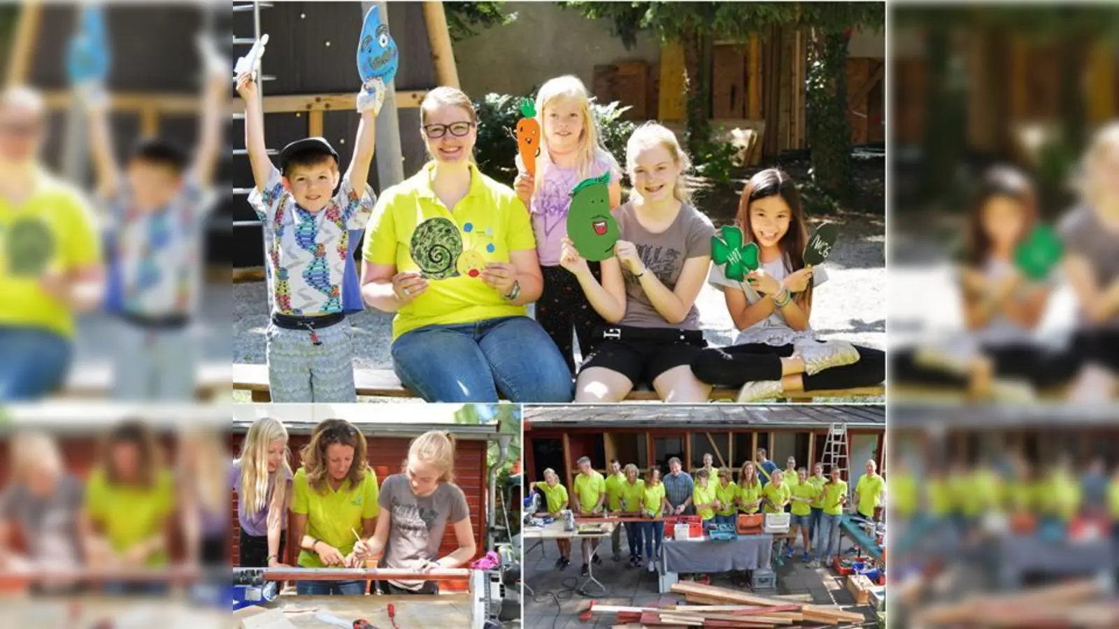 Heimleiter Buchinger, Kinder und BayWa AG-Mitarbeiter packen an. Foto oben: Cornelia Ast, Projektleiterin. Unten links: Maria Thon, Geschäftsführerin; rechts: BayWa AG-Mitarbeiter, Heimleiter (Mitte) und Patrick Rabung (re.hi.).  (Foto: BayWa Stiftung)