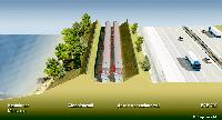 Im Computermodell hat die BMG darstellen lassen, dass der Transrapid zwischen Autobahn und See entlangfahren und einen Sicht- und Lärmschutz bekommen soll.	Visualisierung: Stoiber Productions