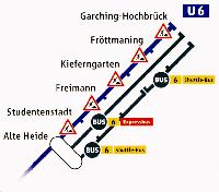 Ab Alte Heide kommt man ersatzweise mit dem Bus nach Garching-Hochbrück.	Grafik: MVG
