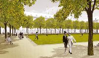 Ein Garten fürs Rathaus: Mit einem grünen Rasen, der gesäumt ist von zig Bäumen, soll der Marienhof bepflanzt werden.	Simulation: bzz Architekten