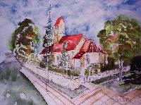 Malerisches Moosach: Die St.-Martins-Kirche aus Sicht der Künstlerin Brigitte Obermaier.	 Foto: Privat