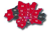 Die roten Stadtteile regiert die SPD, die schwarzen die CSU. Rosa ist Ludwigsvorstadt-Isarvorstadt.