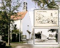 Die Kirche Christi Himmelfahrt wurde am 12. November 1933 geweiht: Ein Stich von 1930 (re. o.), die Kirche 1950 (re. u.) und heute (li.)  Foto: Privat