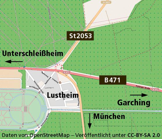Bei Lustheim wird derzeit ein neuer Kreisverkehr errichtet. Die Bundesstraße 471 ist daher ab Lustheim nach Osten bis Garching-Hochbrück voll gesperrt.