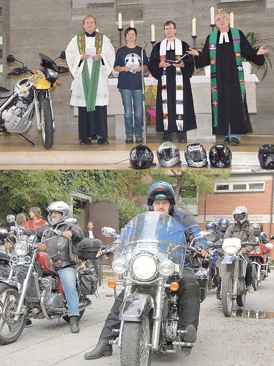 In einem Gottesdienst werden die Motorradfahrer für ihre kommenden Touren gesegnet. Nach dem Gottesdienst wird in einem Motorrad-Corso die Fahrt nach Aichach angetreten. Foto: Privat